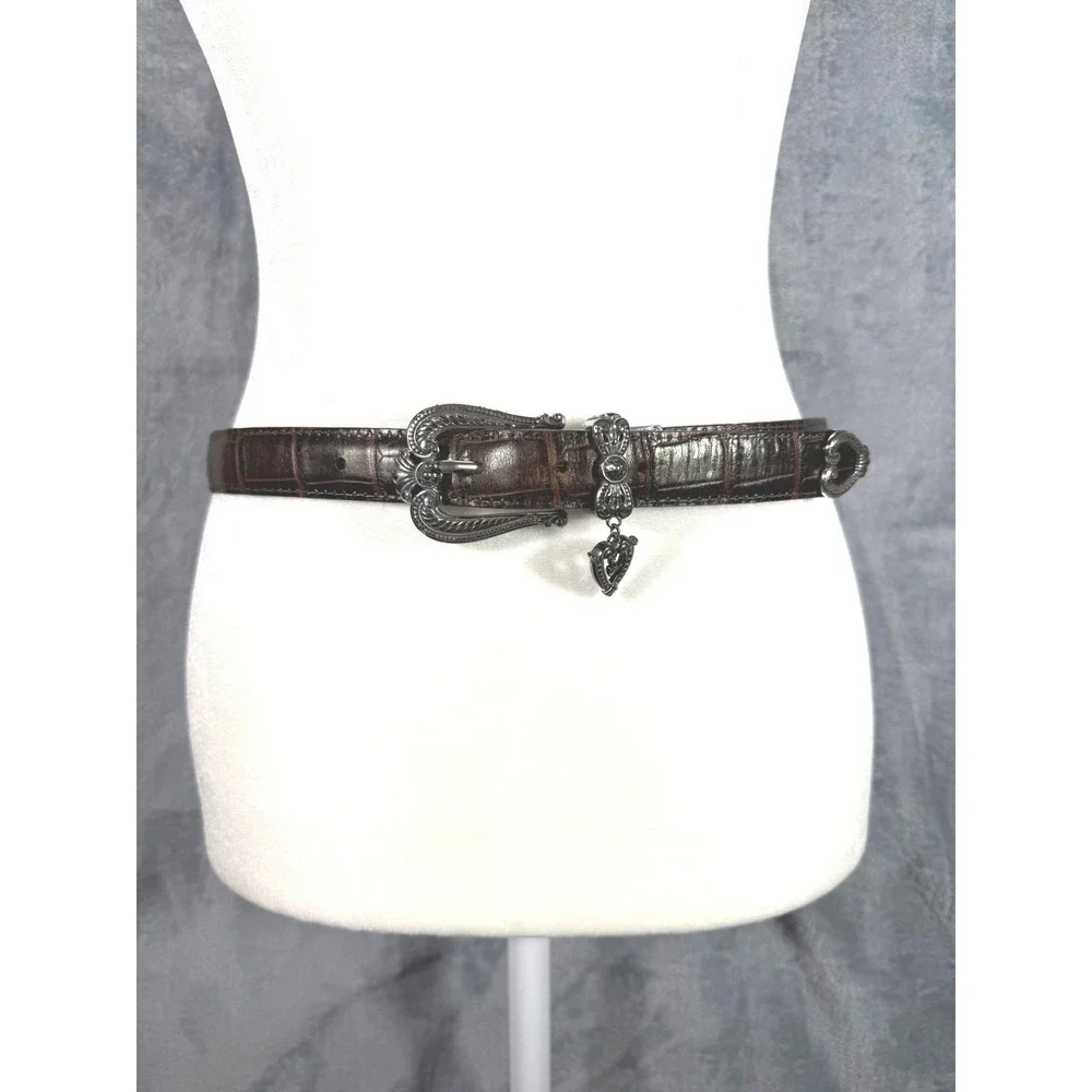 Brighton Black Brown Croc Reversible Leather Western Belt Silver Heart Medium 30